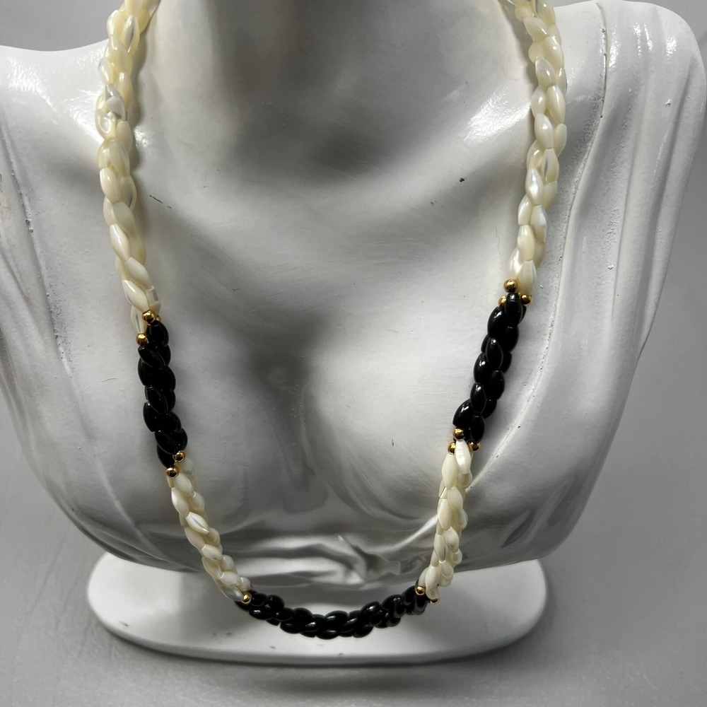 Vintage Braided Necklace White‎ Black Gold Tone Accent Beads